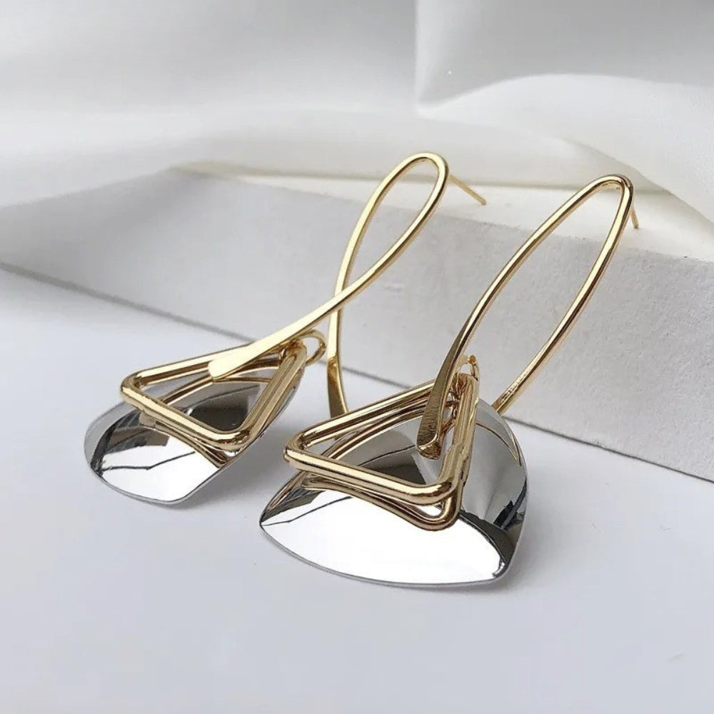 Retro Gold Triangular Silver Pendant & Curved Hook Earrings